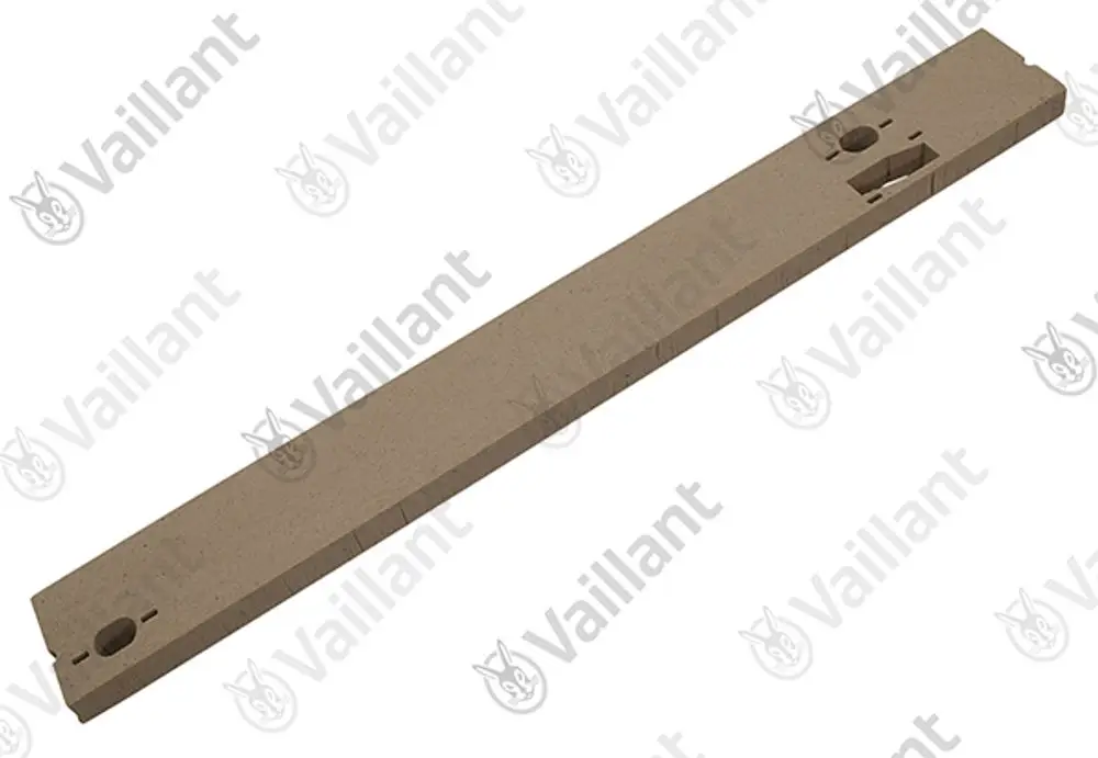 Vaillant-Isolierelement, rechteckig und flach, mit zwei Bohrungen und langen Seiten in neutraler Farbe, auf weißem Hintergrund.